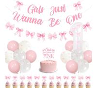 Funmemoir Pink Bow 1st Birthday Party Decorations Girls Just Wanna Be One Banner Garland Birthday Cake and Cupcake Toppers for Girls Pink Bow Theme First Birthday Decorations