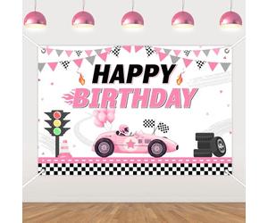 Funmemoir Pink Race Car Birthday Backdrop for Girls - Racing Theme Vinyl Background with Happy Birthday Sign, Lets Go Racing Party Decorations for Vintage Retro Birthday Party, 5x3ft