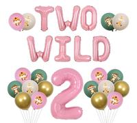 Funmemoir Pink Safari 2nd Birthday Decorations - Two Wild Balloon Set with Jungle Animal Print Balloons, 2 Foil Number Balloon for Girls Jungle Theme 2nd Birthday Party Decorations