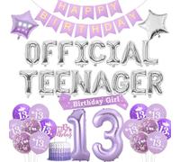 Funmemoir Purple 13th Birthday Decorations for Girls - Official Teenager Balloons, Banner, Sash, Cake Topper, Star Foil Balloons for Teenager Girl 13 Year Old Birthday Party Supplies
