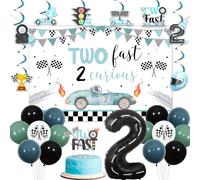 Funmemoir Race Car 2nd Birthday Decorations - Two Fast Two Curious Backdrop, Hanging Swirls, Cake Topper, 2 Foil Balloon for Boys Two Fast Birthday Decorations, Racing Car 2 Year Old Party Supplies