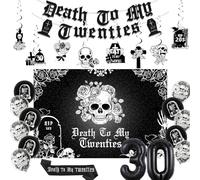 Funmemoir Rip 20s Birthday Decorations - Death to My 20s Decorations with Backdrop, Banner, Sash, Hanging Swirls, 30 Foil Balloons for Women’s Gothic 30th Birthday Party Supplies