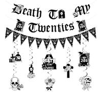 Funmemoir Rip 20s Birthday Decorations - Death to My 20s Decorations with Pre-assembled Banner, Skull Flags & Black Spiral Hanging Swirls for Women’s Gothic 30th Birthday Party Supplies