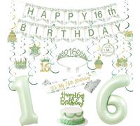 Funmemoir Sage Green 16th Birthday Decorations - Sage Green and Gold Hanging Swirls, Banner, Balloons, Crown, Cake Topper & Sash for Girls Sweet Sixteen 16 Year Old Birthday Party Supplies