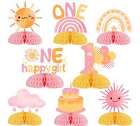 Funmemoir Sun 1st Birthday Party Decorations Girl - 8PCS One Happy Girl Honeycomb Centerpieces, First Trip Around the Sun Boho Sunshine Hippie Sunrise Rainbow 1st Birthday Table Decorations
