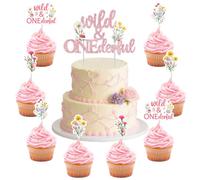 Funmemoir Wildflower 1st Birthday Party Decorations - Wild & Onederful Cake Topper and 24PCS Floral Cupcake Toppers, Boho Flower Our Little Wildflower Is Turning One Birthday Decor for Girls