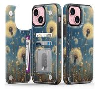 FUNMIKO for iPhone 13 Wallet Case with Card Holder + Cash Clip, RFID-Blocking, Military-Grade Drop Protection & UV-Printed Artwork, Magnetic Closure with Leather Kickstand - Dandelion in The Sky