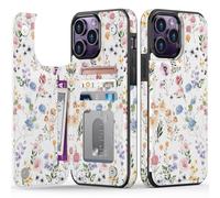 FUNMIKO for iPhone 14 Pro Max Wallet Case with Card Holder, RFID-Blocking, Military-Grade Drop Protection & Floral Animal Design, Magnetic Closure with Leather Kickstand - Flowers and Leaves