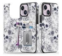 FUNMIKO for iPhone 14 Wallet Case with Card Holder, RFID-Blocking, Military-Grade Drop Protection & Floral Animal Design, Magnetic Closure with Leather Kickstand - Floral Skull