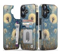 FUNMIKO for iPhone 16 Plus Wallet Case with Card Holder + Cash Clip, RFID-Blocking, Military-Grade Drop Protection & UV-Printed Artwork, Magnetic Closure with Leather Kickstand - Dandelion in The Sky