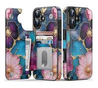 FUNMIKO for iPhone 16 Plus Wallet Case with Card Holder + Cash Clip, RFID-Blocking, Military-Grade Drop Protection & UV-Printed Artwork, Magnetic Closure with Kickstand - Vibrant Flower Pattern