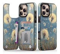 FUNMIKO for iPhone 16 Pro Wallet Case with Card Holder + Cash Clip, RFID-Blocking, Military-Grade Drop Protection & UV-Printed Artwork, Magnetic Closure with Leather Kickstand - Dandelion in The Sky