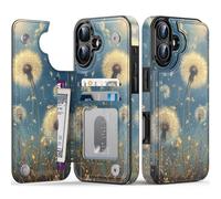 FUNMIKO for iPhone 16 Wallet Case with Card Holder + Cash Clip, RFID-Blocking, Military-Grade Drop Protection & UV-Printed Artwork, Magnetic Closure with Leather Kickstand - Dandelion in The Sky