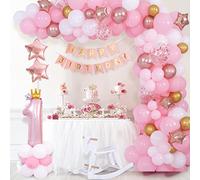 Funmilies 1st Birthday Decorations for Girls - Pink Balloon Arch Kit, Happy Birthday Banner, Number 1 Crown, Rose Gold Balloons for Baby Girl First Party, 111pcs