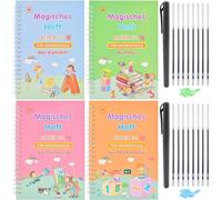 Funmo German Magic Exercise Book, Pack of 4 Magic Exercise Book German, Reusable Handwriting Workbook, with 16 Refills + 2 Magic Pens + 2 Writing Aid Silicone Grippers