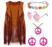 FunMular 60s 70s Outfits for Women Disco Hippie Costume Clothes Woman Peace Sign Earring Headband Fringe Vest Tassel Cardigan, Khaki, XXXL