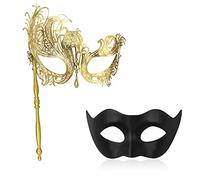 FunMular Couple Masquerade Mask with Holding Stick Metal Masks Halloween Venetian Costume Mardi Gras Mask for Women & Men (Black Gold)