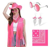 FunMular Disco Western Outfit for Women Cowgirl Outfit Costume Accessories Cowboy Hat Tassel Fringe Vest Earring Bandana for Halloween