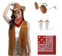 FunMular Disco Western Outfit for Women Cowgirl Outfit Costume Accessories Cowboy Hat Tassel Fringe Vest Earring Bandana for Halloween (Khaki, 2XL)