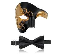 FunMular Masquerade Mask for Men Phantom of The Opera Half Face Mask with Bowtie, Venetian Masks for Halloween Party (Black Gold 2)