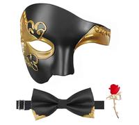 FunMular Masquerade Mask for Men Phantom of The Opera Mask Half Face with Bowtie Brooch for Halloween Mardi Gras Party