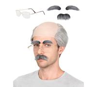 FunnAura 5 PCS Funny Wigs for Men Adults Set with Fake Beard Eyebrows Glasses, Old Man Short Curly Bald Fun Wig Ugly Fancy Dress (grey)