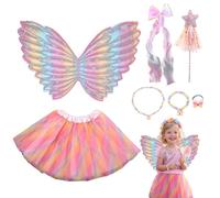 FunnAura 7 Pcs Fairy Costume for Girls Set,Tutu Skirt Butterfly Wings Magic Wand Bow Hairpin Necklace Bracelet Ring for Kids Dress Up Party