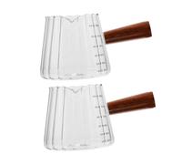 FUNNETOYU 2pcs Glass Milk Measuring Cups with Wooden Handles Heat Resistant Pitchers for Espresso Coffee Sauce Syrup and Salad Dressing Pour Spout Design for Home Cafe Office Use