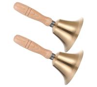 FUNNETOYU 2pcs Traditional Brass Hand Bell with Wooden Handle for Classroom and Dinner Service, Lightweight with Comfortable Non-slip Grip, Smooth Surface and Quick Effortless Use,