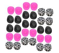 FUNNETOYU 30pcs Miniature Plastic Cowboy Hats for Dolls Reusable Decorative Tiny Western Party Accessories in Pink Black Cow Print Mini Dress-up Ornaments for Dollhouses and Themed