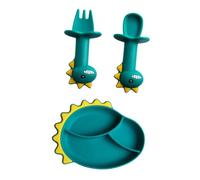 FUNNETOYU 3pcs Silicone Tableware Set with Dinosaur Cartoon Fork Spoon Safe Bite-Resistant Training Cutlery for Hand-Eye Coordination and Independent Feeding Easy-Clean Non-deformable