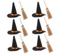 FUNNETOYU 6 Set Mini Witch Hat and Broom Craft Kit Felt Halloween Decorations for DIY Costume Accessories Creative Miniature Witch Hats for Parties and Doll Costumes
