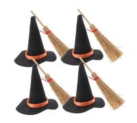 FUNNETOYU 8pcs Mini Witch Hats and Brooms Set for Halloween Dollhouse Decorations, Large 8cm Black Felt Witch Hats 11.5cm Red-thread Mini Brooms, Halloween Craft Accessories for Party