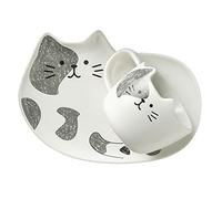 FUNNETOYU Ceramic Cat Coffee Mug Saucer Grey Left Face Cartoon Design for Home Tea Espresso Milk Hot Chocolate Material with Saucer to Protect Surfaces Birthdays and Holidays