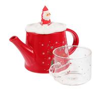 FUNNETOYU Ceramic Tea Pot and Cup Set Christmas Santa Claus Pattern Large Red Retro Xmas Tea Kettle Portable Home Decorative Holiday Supply