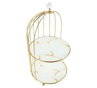 FUNNETOYU Gold Double-Layer Bird Cage Dessert Cake Stand with White Pattern, Metal Cupcake and Pastry Serving Tray for Wedding, Shower, and Party Table Display