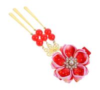 FUNNETOYU Japanese Style Red Flower Shaped Hair Clips for Women Handmade Cloth Kimono Accessories, Easy to Carry Hair Decoration for Travel and Outing