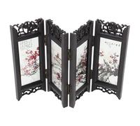 FUNNETOYU Mini Chinese Style Folding Screen Partition, Traditional Red Plum Blossom Panel, Solid Wood Desk Divider Ornament for Dollhouse Decor and Office Privacy Model