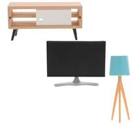 FUNNETOYU Miniature Dollhouse Furniture Set 3Pcs - Miniature TV Model with Black LCD Screen, White TV Cabinet, Blue Table Lamp - Dollhouse Decor for Living Room and Bedroom Accessories