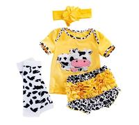 FUNNETOYU Newborn Doll Outfit for Reborn Yellow Milk Cow Themed Clothing with Shirt Shorts Headband and Stockings Decorative and Realistic Doll Apparel