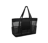 FUNNETOYU Portable Black Mesh Beach Tote Bag with Strap Handles Sandproof Storage Pouch for Travel Bathroom Toiletries Shells and Collection Lightweight and Washable