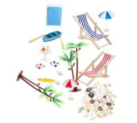 FUNNETOYU Resin Beach Ornament Summer Micro Landscape Dollhouse Accessories DIY Fairy Garden Craft with Sun Umbrellas Lounge Chairs Surfboard Dolphins and Shells for Miniature Beach Scene