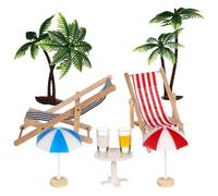 FUNNETOYU Resin Miniature Beach Set for Dollhouse - 2 Palm Trees, 2 Parasols, 2 Deck Chairs (red Black), 2 Drinks, 1 round Tea Table - Micro Landscape Decoration for Fairy Garden and Doll