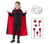 Funnlot Vampire Cape for Kids, Halloween Vampire Costume Kids Unisex Cloak, Dracula Costume Black Red Reversible Cloak with Teeth and Scar Tattoo for Halloween Costumes