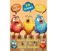 Funny 10th Anniversary Card for Husband (Shocked Birds Humour) - Wedding Him