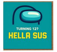 Funny 12th Birthday Card - Hella Sus Gamer Design with Teal Visor Icon and Meme Text 'Turning 12? Hella Sus' - For Kids, Boys or Girls, Gaming Joke