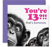 Funny 13th Birthday Card - Going Bananas at Turning 13 - Playful Chimpanzee Trio Illustration in Bold Pinks and Purples - 145mm Square, Envelope Included
