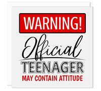 Funny 13th Birthday Card - Official Teenager Warning Design - Blank Inside - For Teen Boy or Girl - Turning 13 Humorous Greeting - Made in UK - Quality Cards with Envelope - Teen Attitude (Red)