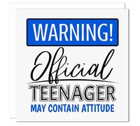 Funny 13th Birthday Card - Official Teenager Warning Design - Blank Inside - For Teen Boy or Girl - Turning 13 Humorous Greeting - Made in UK - Quality Cards with Envelope - Teen Attitude (Blue)