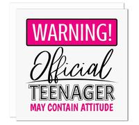Funny 13th Birthday Card - Official Teenager Warning Design - Blank Inside - For Teen Boy or Girl - Turning 13 Humorous Greeting - Made in UK - Quality Cards with Envelope - Teen Attitude (Pink)